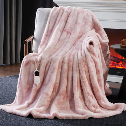 Guohaoi Heated Blanket Electric Throw, Soft Faux Rabbit Fur Electric Blanket with 10 Heating Levels 5 Sitting Timer Auto Off, Cozy Warm Heating Blankets, Machine Washable(50"×60" Beige)