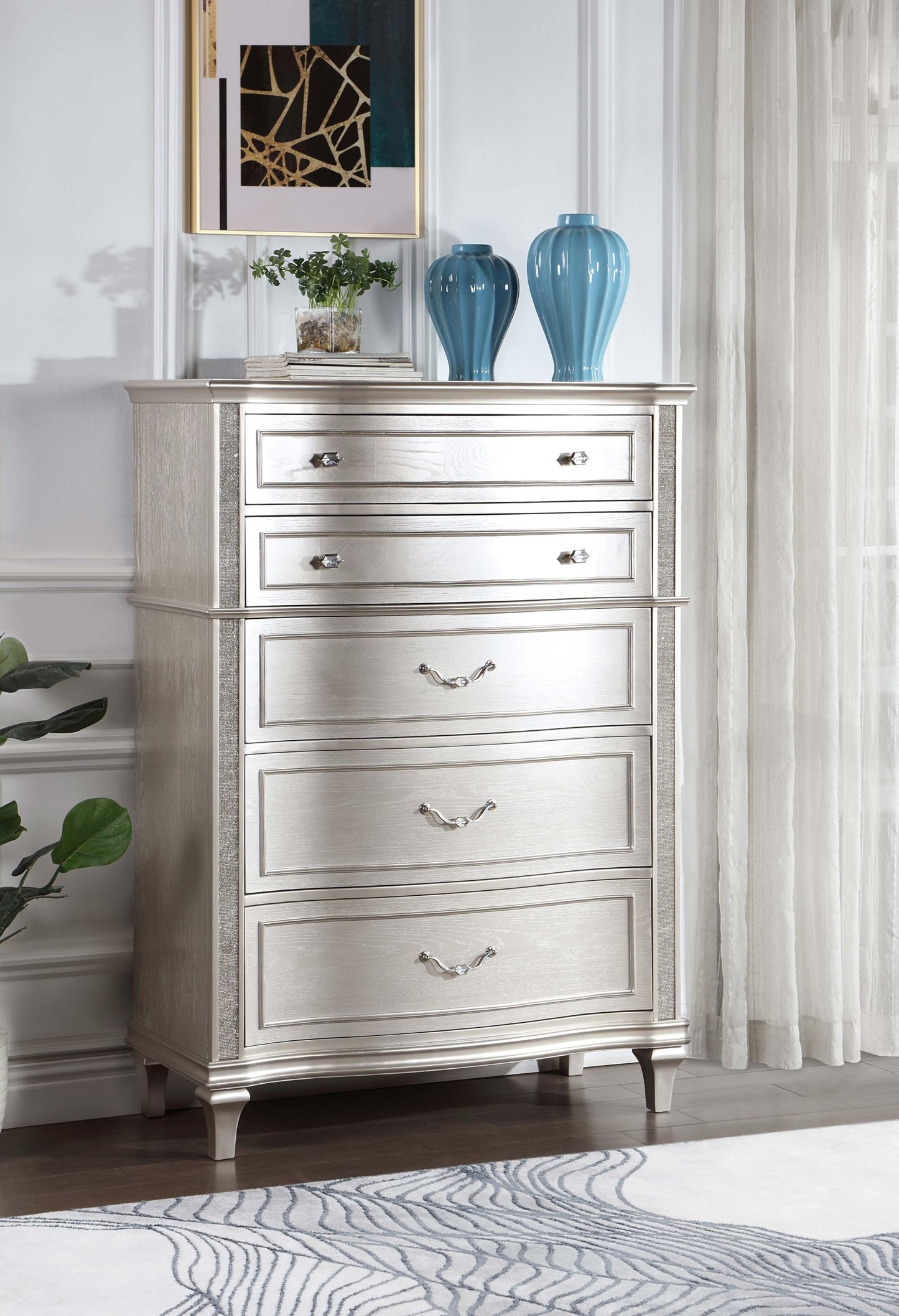 Coaster Home Furnishings - Evangeline - Wood - 6-Drawer Chest with Hexagonal-Shaped Knobs and Felt-Lined Drawer - Bedroom - Modern Classic - Silver Oak - 223395