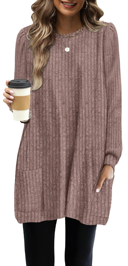 OFEEFAN Long Sleeve Shirts for Women Long Sweaters with Pockets Tunic Tops Loose Fit