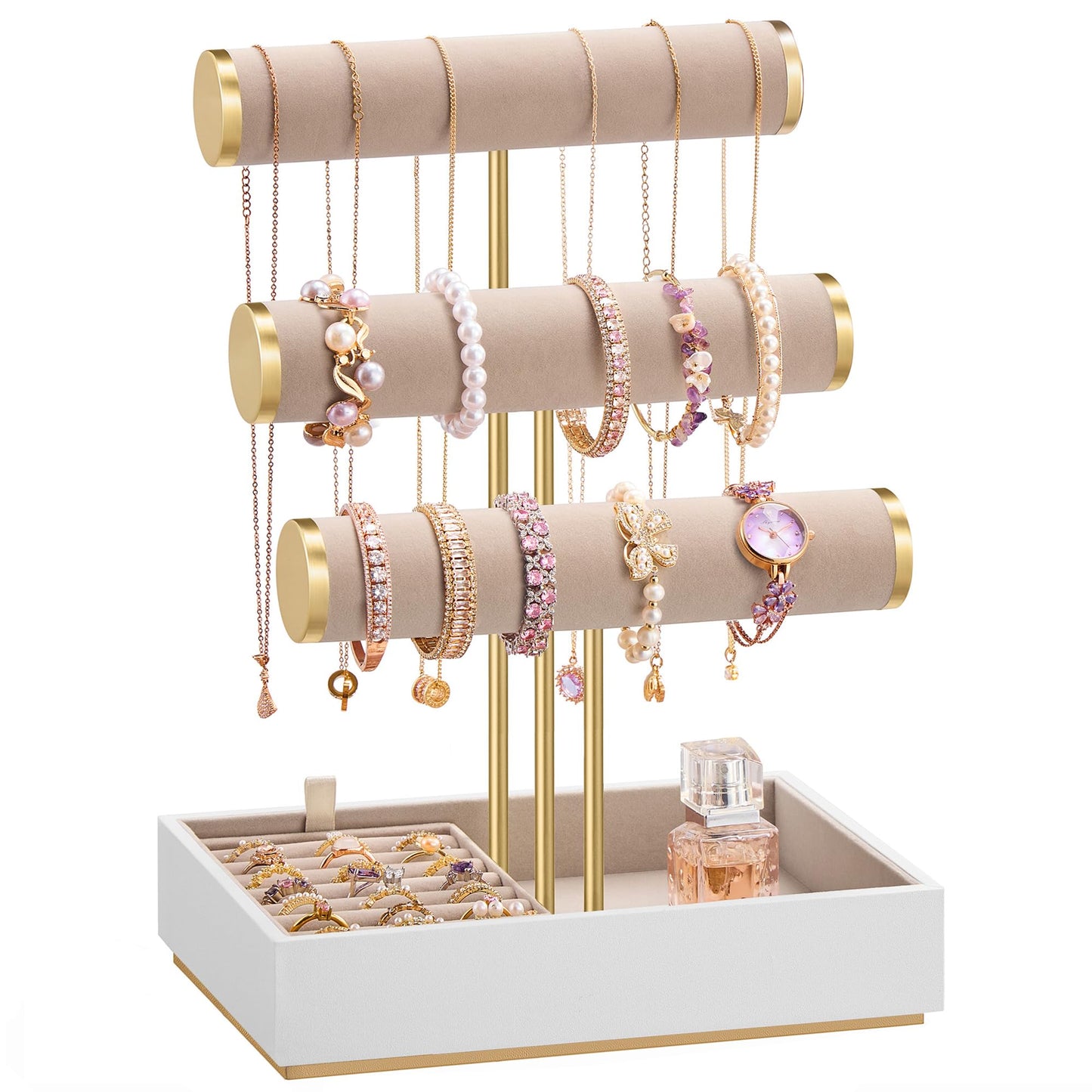SONGMICS Bracelet Holder Stand, Jewelry Display Stand, Jewelry Organizer, with 3 Tiers and Velvet Tray, Removable Ring Holder, Cloud White and Camel Brown UJJS027A01
