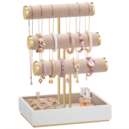 SONGMICS Bracelet Holder Stand, Jewelry Display Stand, Jewelry Organizer, with 3 Tiers and Velvet Tray, Removable Ring Holder, Cloud White and Camel Brown UJJS027A01
