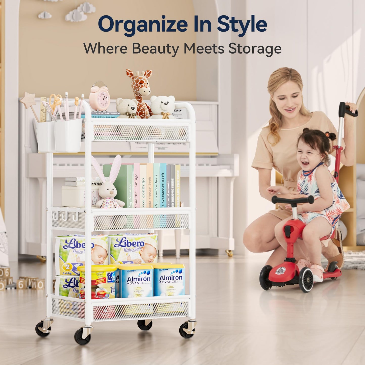 YASONIC 3 Tier Rolling Cart – Metal Utility Storage Carts with Wheels, Craft Carts Organizer with Hanging Cups, Hooks, Mesh Basket for Bedside Kitchen Office Art, White
