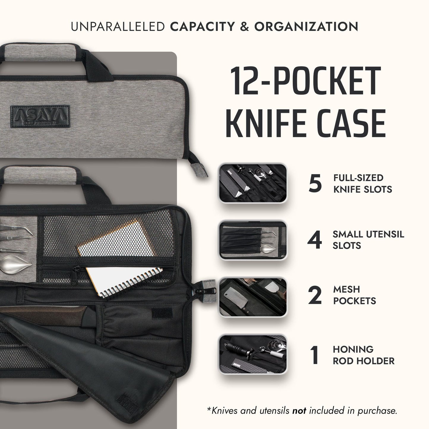 Asaya Chef Knife Roll Bag - 12-Pocket Chefs Case for Kitchen Knives and Utensils, Lightweight Stain-Resistant Waxed Nylon Chef Knife Bag - Knives Not Included (Grey)