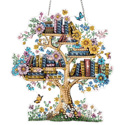 MEIYUDA Book Tree Diamond Art Hanging Kits for Adults Beginners, Book Diamond Painting Suncatchers Kit Ornaments, DIY Special Shaped Rhinestone Window Pendants Kit for Home Garden Wall Decor Gift