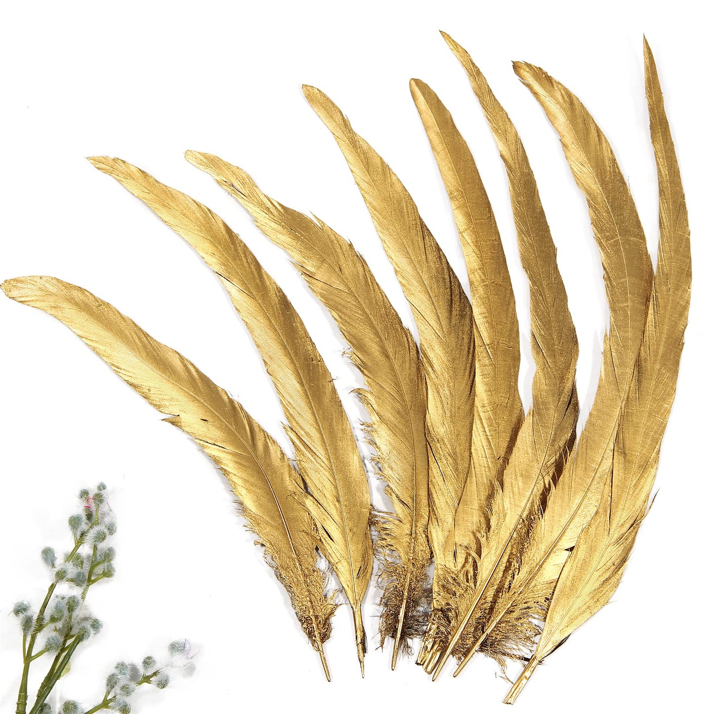 THARAHT 50PCS Rooster Coque Tail Feathers Bulk Natural 12-14Inch 30-35cm for Crafting Wedding Gras Masquerade Party Performances DIY Decoration Rooster Tail Feather,Gold