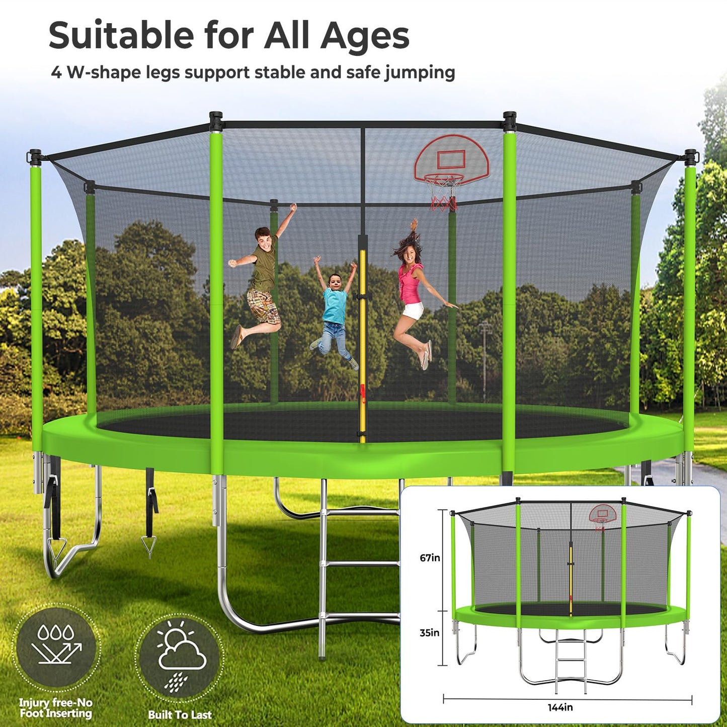 Lyromix Upgraded 12FT Trampoline for Kids and Adults, Large Outdoor Trampoline with Stakes, Light, Sprinkler, Basketball Hoop and Net, Capacity for 5-8 Kids and Adults