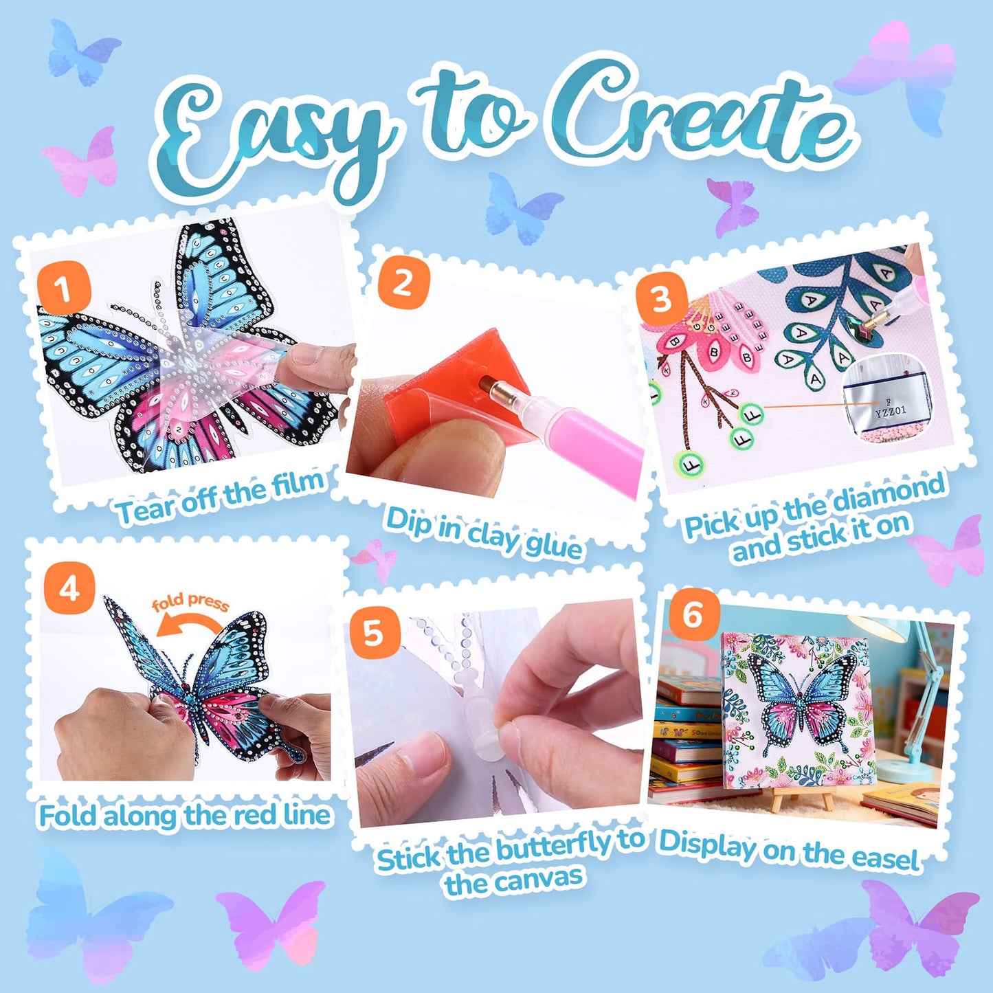 Arts and Crafts for Kids Age 8-12, 3D Pink Butterfly Diamond Art Kits, Gifts for Kids Age 6 7 8 9 10 with Plastic Easels DIY Gem Art Foldable Clear Butterfly Painting with Frame for Home Decor