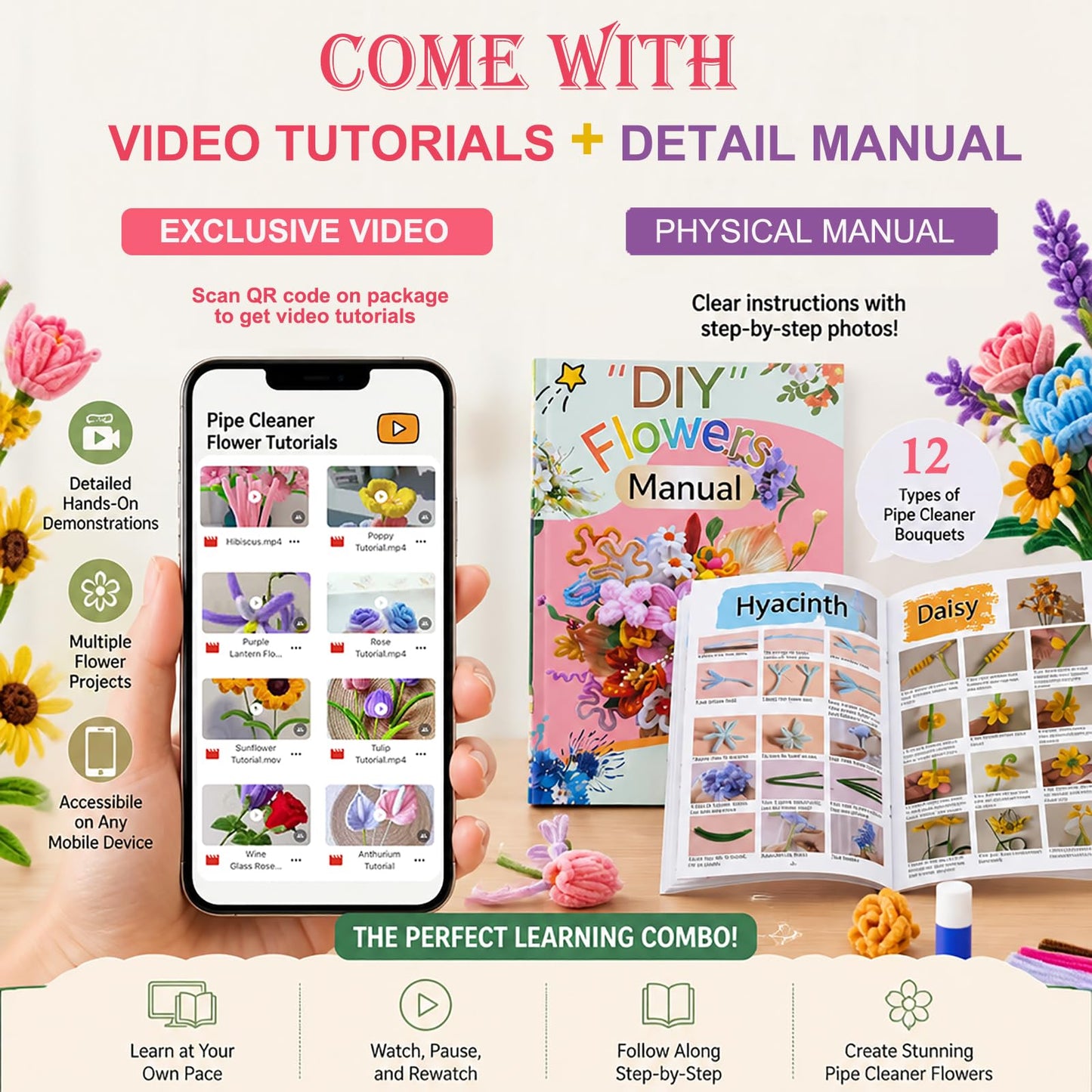 Missicee 800 PCS Pipe Cleaner Flower Kit, DIY Pipe Cleaners Bulk Craft Bouquet Making Kit with 13 Colors Chenille Stems, Floral Wires, Stamen, Ribbon, Instruction, Art and Craft Supplies
