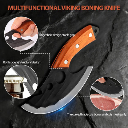 Wruhamd 2 Pcs Meat Cleaver Knife Set, Effort Saving Meat Cleaver for Cutting Meat Vegetable, Sharp Carbon Steel Cooking Viking Knife with Leather Sheath for Kitchen, Camping, Outdoor Cooking, BBQ Gift