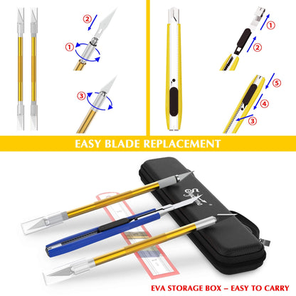 Precision Knife, Craft Utility Carving Knife Set for Art, Hobby, Scrapbook and Sculpture, Etc., Contains 2 Hobby Knives & 1 Cutter knife, 30 spare blades, EVA Storage Box, Ruler, Cleaning Cloth