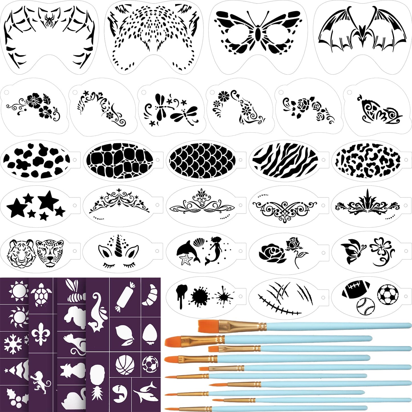 Thenshop 42 Pcs Face Paint Stencils Kits Includes 28 Reusable Facial Painting Stencils with 4 Stickers 10 Painting Brushes Plastic Tattoo Templates for Kids Halloween Party Makeup(Classic Style)