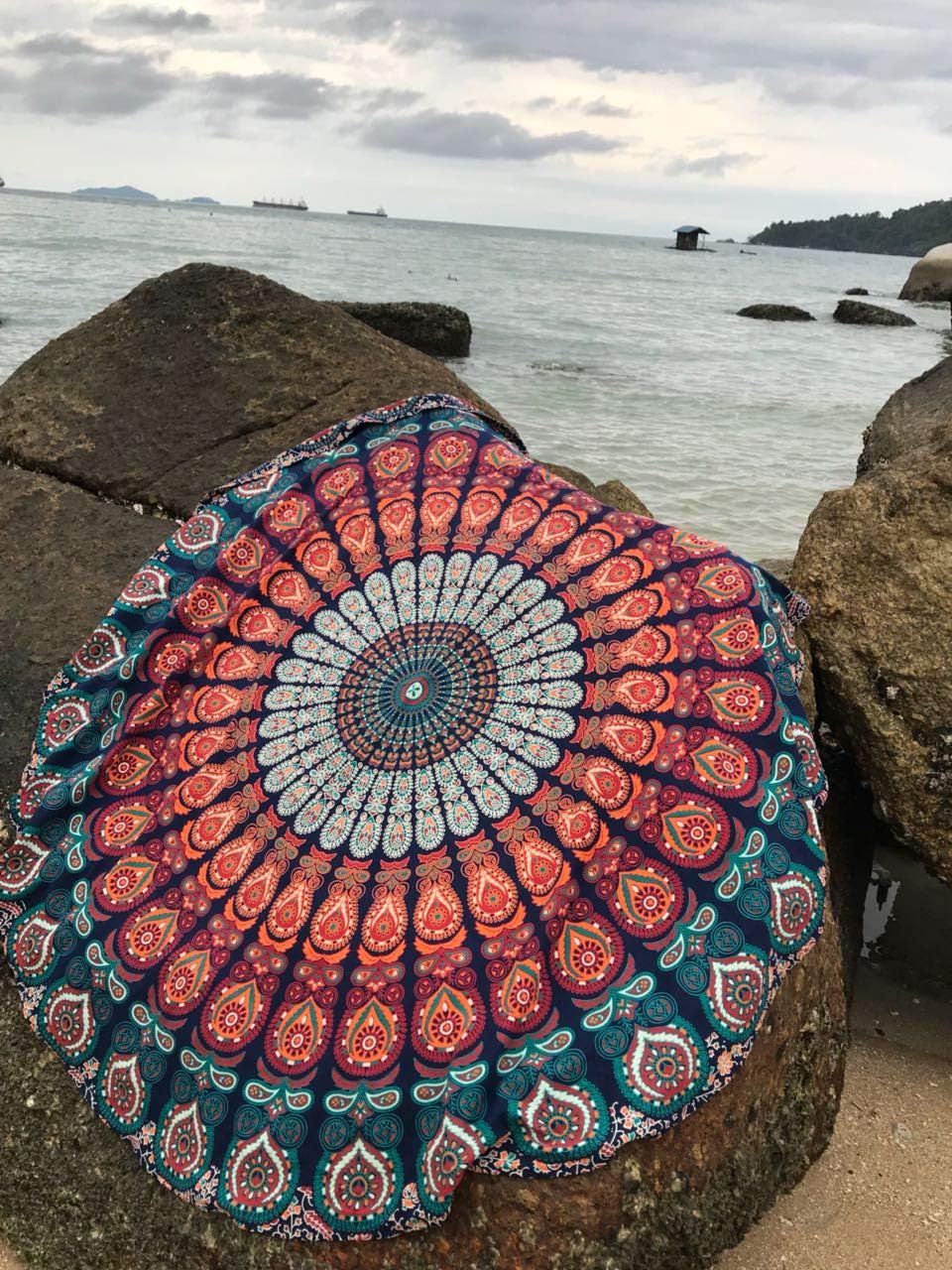 raajsee Round Beach Tapestry, 70 Inch Blue Orange Mandala Throw, Boho Hippie Blanket, Yoga Mat, Picnic Rug