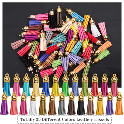 Anezus 100Pcs Craft Tassel Set - 50 Tassels, 25 Lobster Clasp Keychains, 25 Rings for Acrylic Keychains, Gold