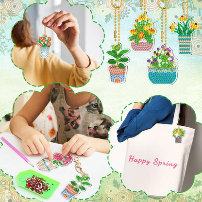Huquary 60 Pcs Diamond Art Keychains Potted Plants Diamond Painting Keychain Kits for Adults Double Sided 5d Rhinestones Spring Hanging Key Chains Ornaments for Beginners DIY Crafts Party