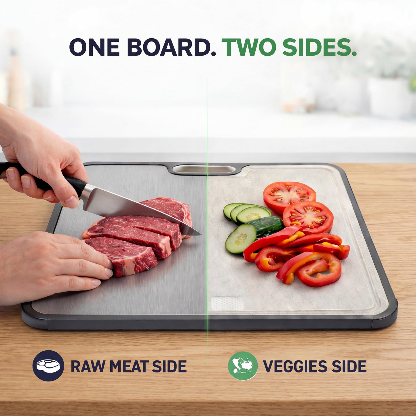 Titanium Cutting Board for Kitchen – Non Toxic & Hygienic, Reversible 2-in-1, Durable Metal Surface, Easy to Clean, Dual Surface with PP Wheat Fiber Side, Juice Groove, 16"x11"