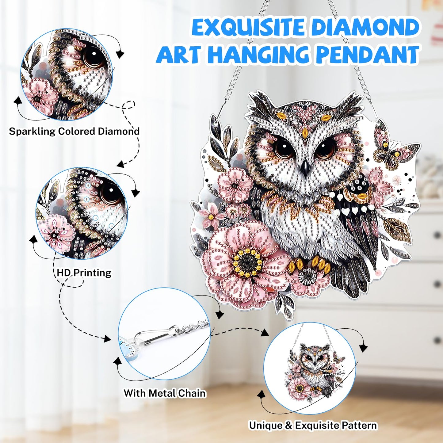 Bowetile Owl Diamond Art Hanging Kits for Adults, 5D Special Shape Diamond Painting Animals Kits, Animal Gem Art Suncatchers Painting Pendant Ornament for Home Garden Wall Decor