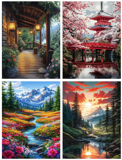 Diamond Art Kits for Adults, 4 Packs Landscape Diamond Art Painting Kits for Adults, Diamonds Painting Kit for Adult, 5D DIY Full Round Drill Gem Craft for Adult Gifts, Home Wall Decor 11.8" x 15.7"