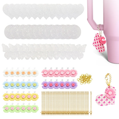 36 Sets Sublimation Blanks for Making Car Cup Charms, Tumbler Cup Accessories for DIY Heat Transfer Craft Gifts, Contains Glitter Blanks Daisy Charms Chains Jump Rings