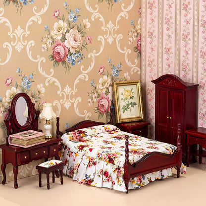 Skylety 6 Pcs Dollhouse Furniture 1: 12 Scale Wooden Victorian Dollhouse Bedroom Furniture Set Include Bed Dressing Table Wardrobe for Adults Toys Miniature Doll House Accessories