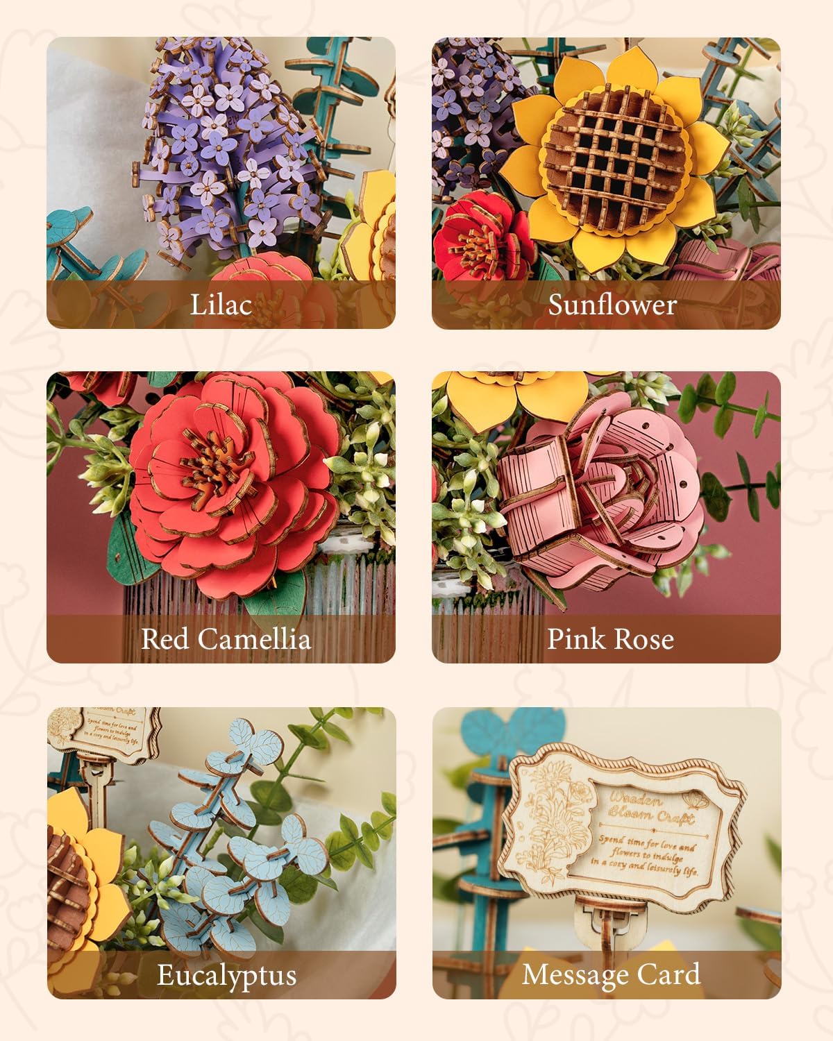 Rowood 3D Puzzles for Adults,DIY Wooden Flower Bouquet Building Set Craft Kit,Artificial Flower Botanical Collection,Mothers Day/Valentine's Day/Christmas/Birthday Gift for Women/Mom-TW01H