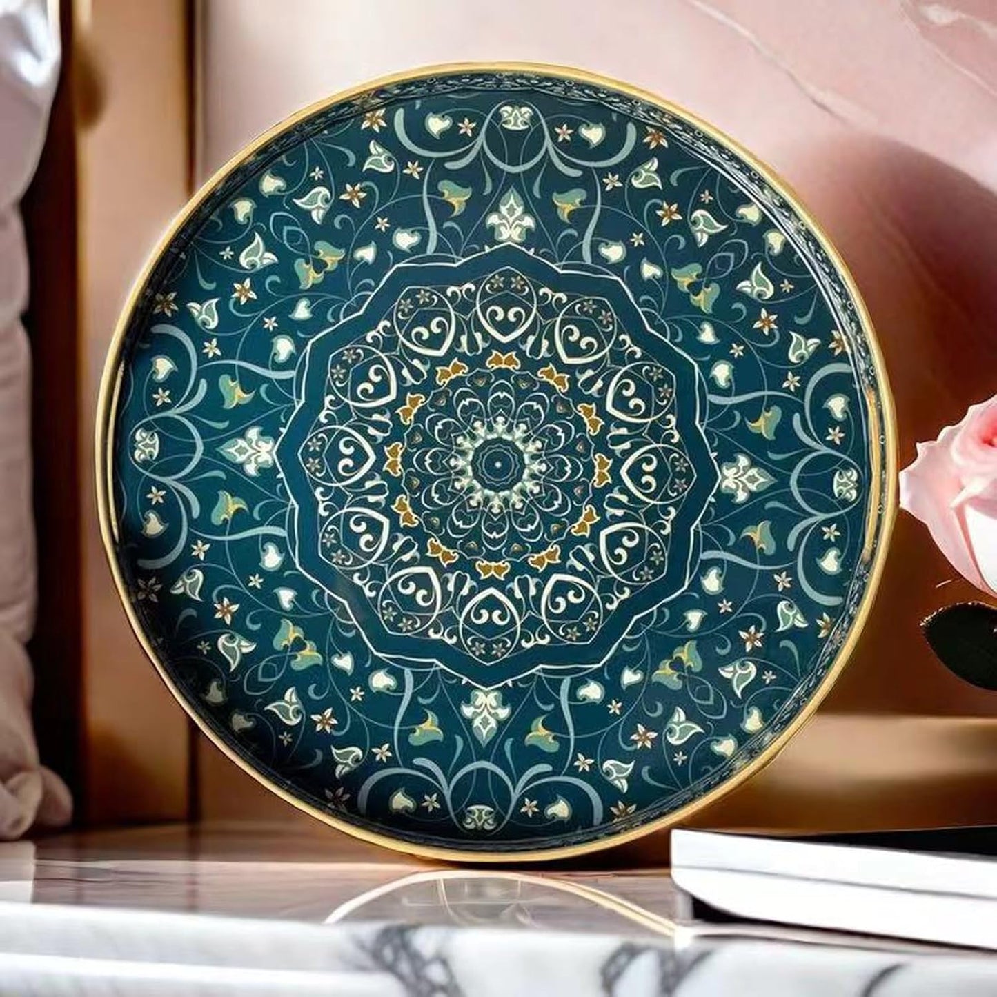Round Serving Tray with Handles - Large Round Ottoman Tray Coffee Table Tray,Plastic Decorative Trays for Coffee
