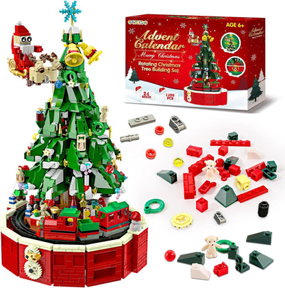 2025 24 Countdown Set, 6+, Ochido Advent Calendar Rotating Christmas Tree Building Blocks Kit, Days Christmas Toy
