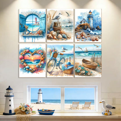 Clendo 6 Pack Beach Diamond Painting Kits for Adults, 5D Coast Diamond Art Kits for Beginners, DIY Full Round Drill Paint by Diamonds Dots for Home Wall Decor 12 x 16 Inch