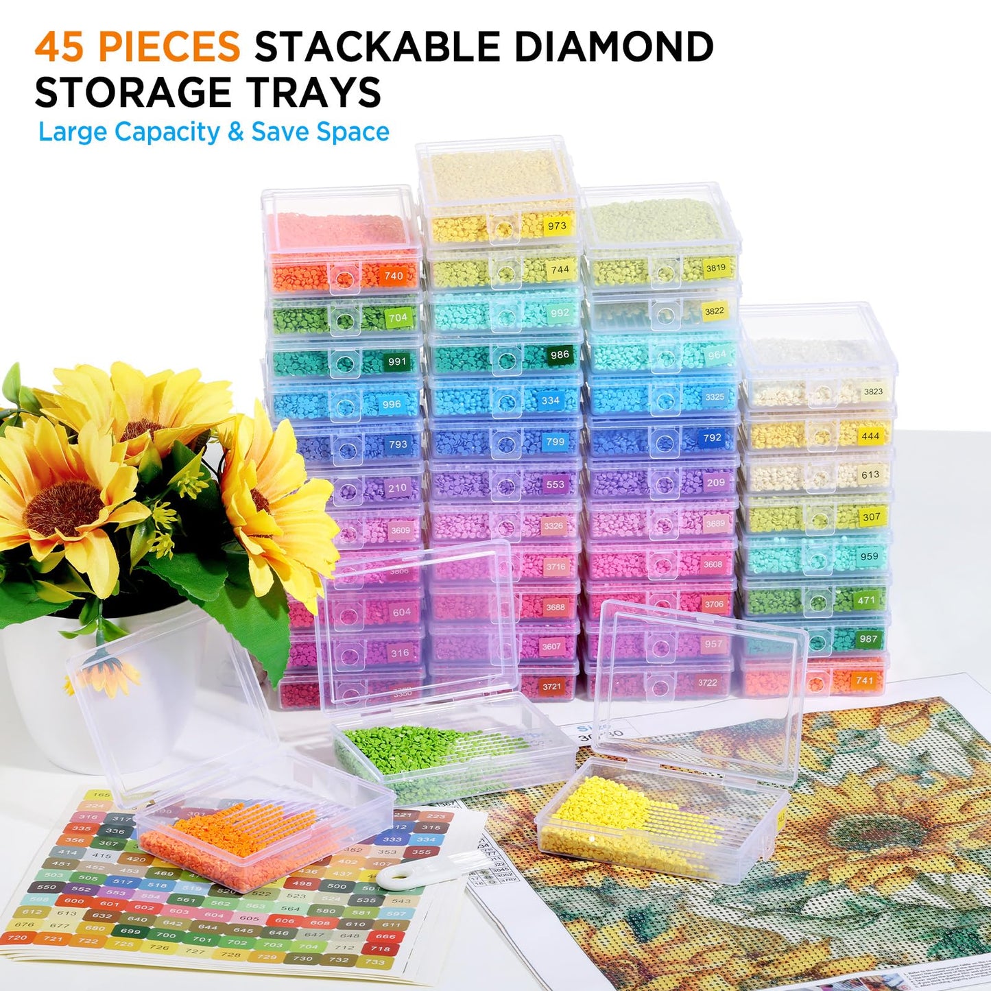 Zefy 45pcs Stackable Diamond Art Storage Trays, 2-in-1 Diamond Painting Containers Trays with 447 Colors Labels Stickers, Diamond Art Accessories for Gems Drills Dots
