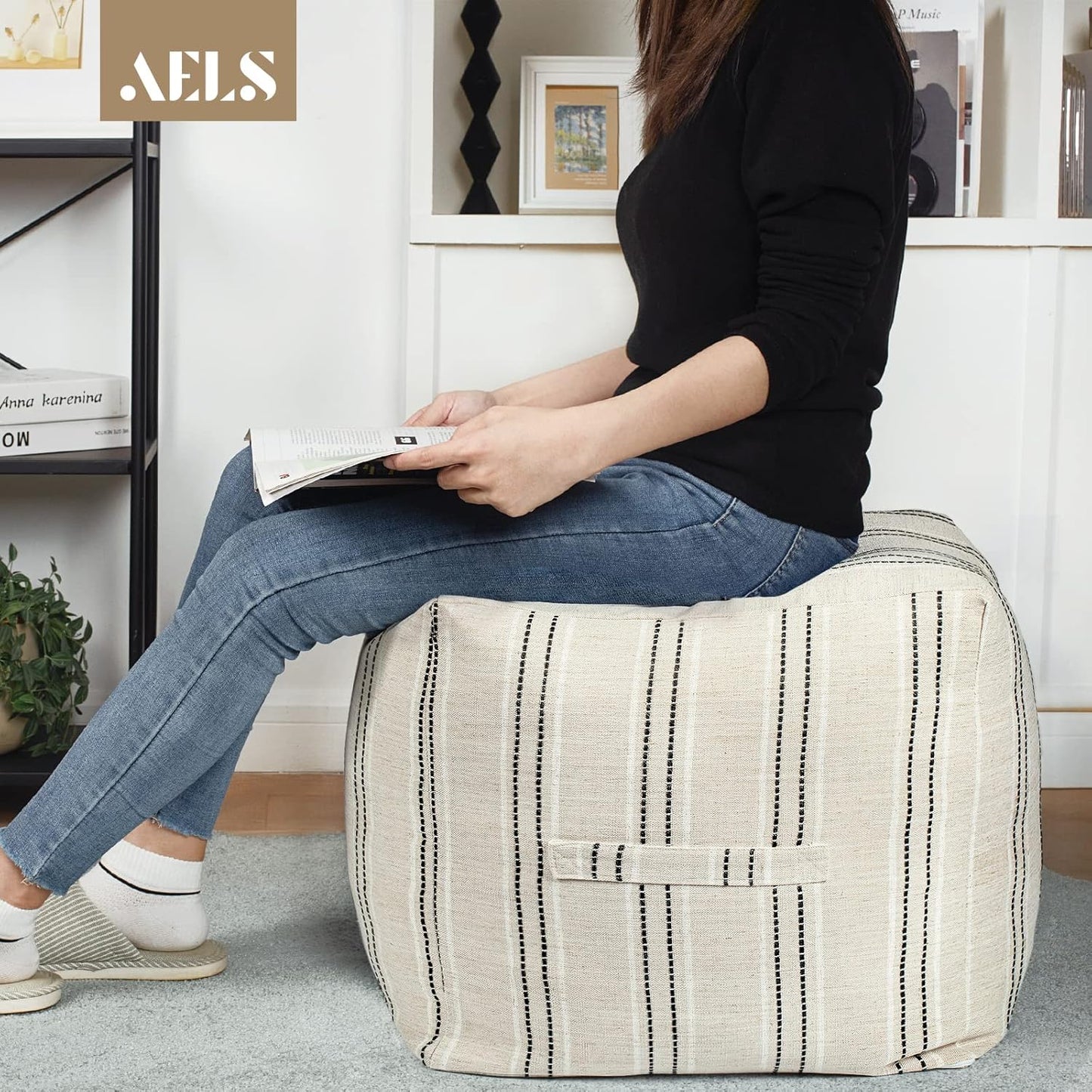 18"x18"x18", AELS Unstuffed Farmhouse Pouf Cover for Living Room, Boho Storage Bean Bag Cubes, Beige with Black Stitch