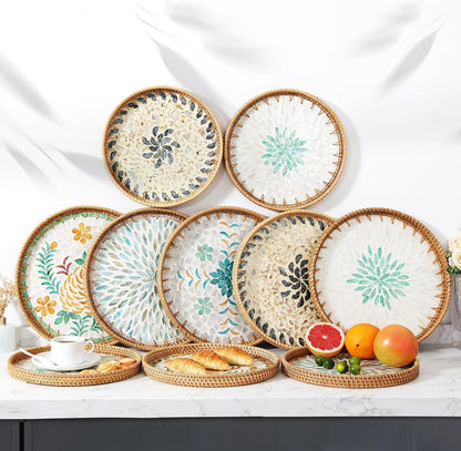14" Terrekraft Large Rattan Serving Tray with Mother of Pearl, Round Coffee Table Tray Decor, Boho Decorative