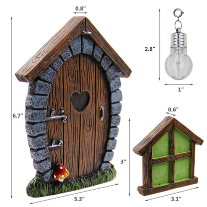 Juegoal Fairy Gnome Home Miniature Window and Door with Litter lamp for Trees Decoration, Glow in Dark Fairies Sleeping Door and Windows, Yard Art Garden Sculpture, Lawn Ornament Decor