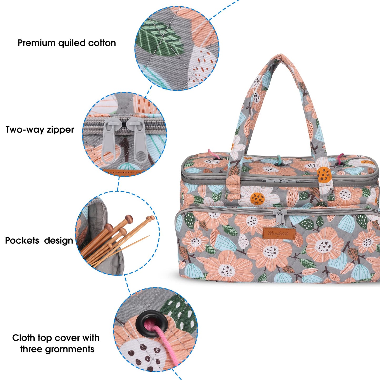 Hanfetch Yarn Bag-Large Size-Yarn Storage Organizer with Grommets-Portable Crochet Bag for Yarn Skeins-Crochet Hooks-Knitting Needles -Other Accessories (Flower-Grey)