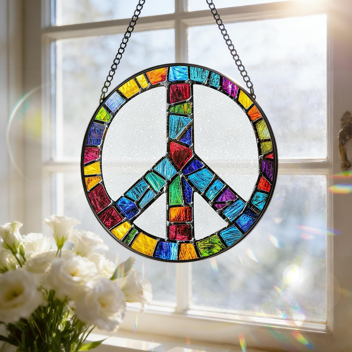 Stained Glass Window Hanging, 7.8 Inch Peace Sign Hippie Stained Glass Suncatcher Ornament, Suncatchers for Windows Hanging, Peace Symbol Decor, Hippie Gifts, Christmas Birthday Gifts for Women