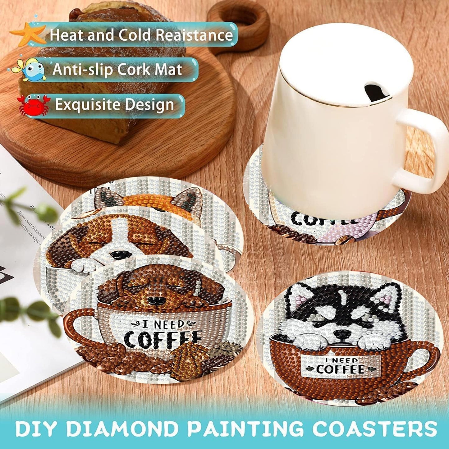 Ekuxom 8 Pcs Coffee Dog Diamond Art Coasters Kits with Holder-Diamond Painting Coasters Kits-DIY Crafts Art Coaster Kit for Home Decor