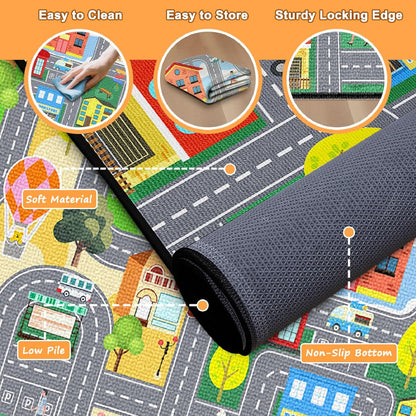 2.5x4 Car Rug for Kids Playroom - Road Rug for Boys Room Kids Play Mat with Road Tracks Car Play Mat, Feet