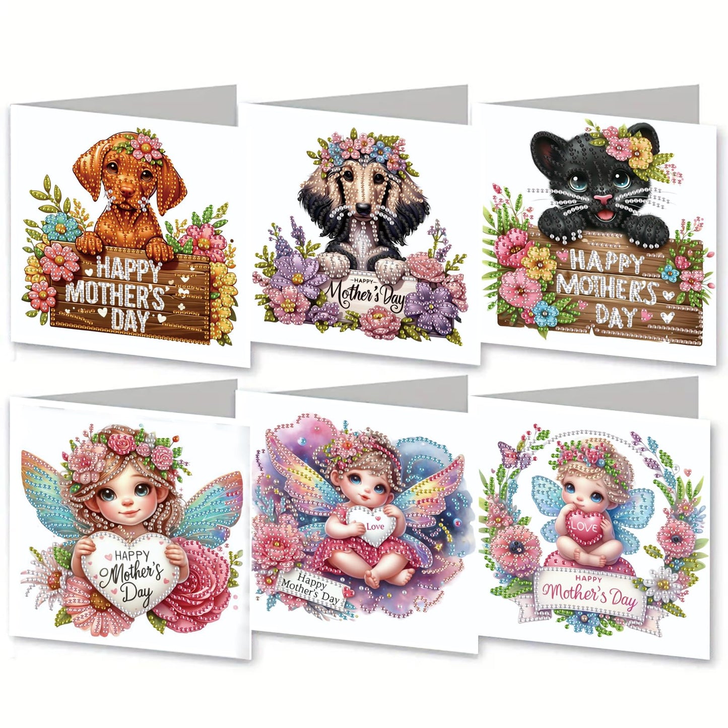 MaiYiYi 6 Pack DIY Happy Mother's Day Diamond Art Cards Rose Girl Diamond Painting Greeting Cards Dog Diamond Art Cards with Envelopes for Mother Grandma Friends Family