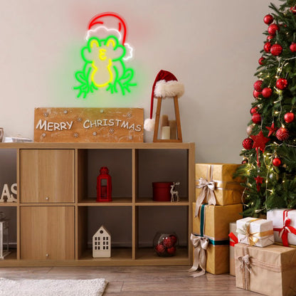 LIUOZHTEA Merry Christmas Neon Sign with Santa Hat Neon Frog Light Sign for Wall Decor Christmas Party New Year Bar Bedroom Shop Window USB Powered (16.5 * 11.8in)
