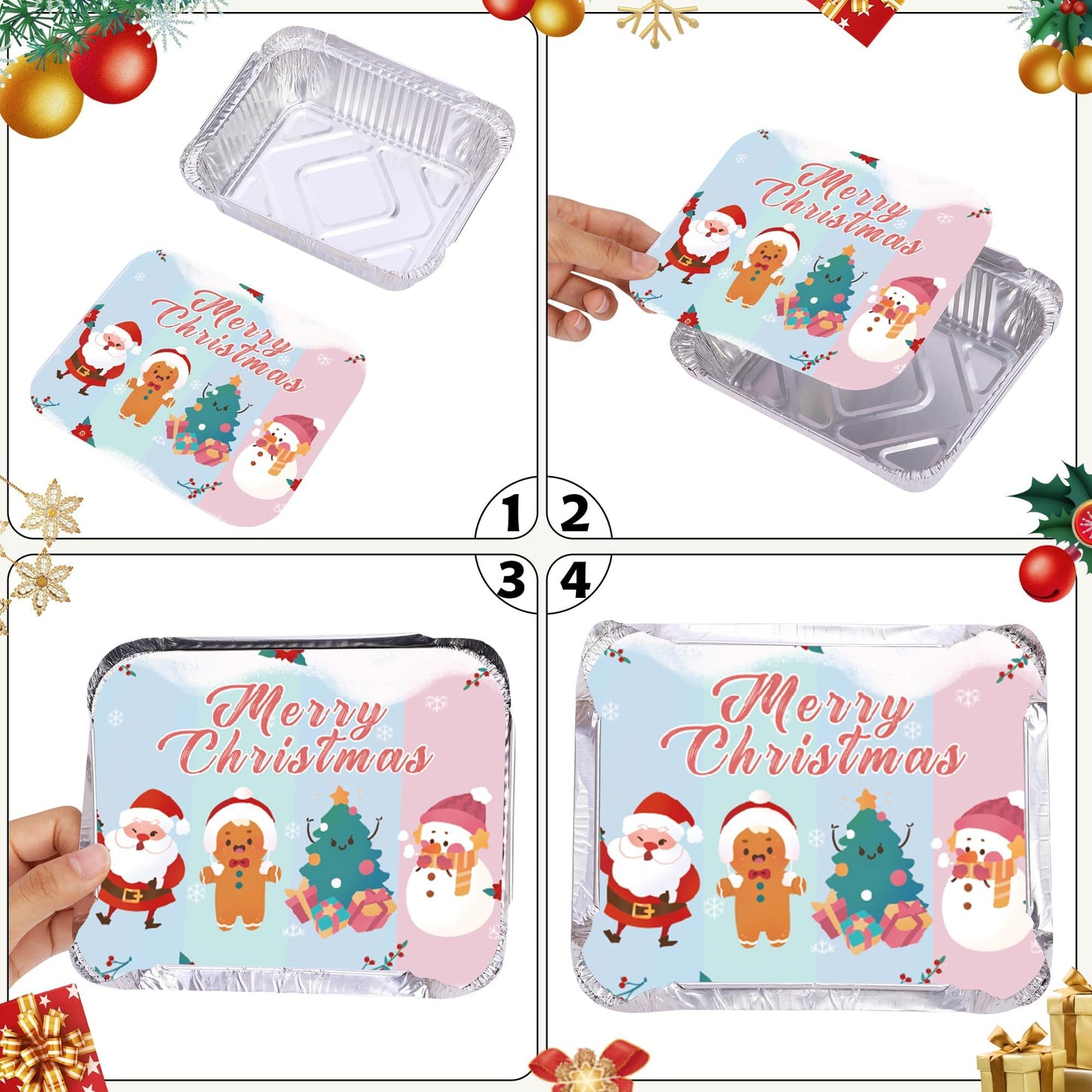 SAITI 50 PCS Christmas Cookie Tins with Lids for Gift Giving, Disposable Food Storage Pan Aluminium Foil Treat Containers for Holiday Leftovers Goodie or Cookie Exchange