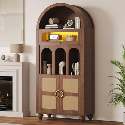 LIKIMIO 72.8" Tall Arched Cabinet, 5-Tier Bookshelf, LED Light Display Cabinet with Glass Doors, Rattan Storage Pantry with Adjustable Arch Shelf for Kitchen, Living Room, Office, Walnut