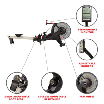 Sunny Health & Fitness Asuna 8580 Ventus Rowing Machine – Air & Magnetic Resistance, 330 LB Capacity, Performance Monitor, Foldable 50" Aluminum Rail, Home Cardio Rower