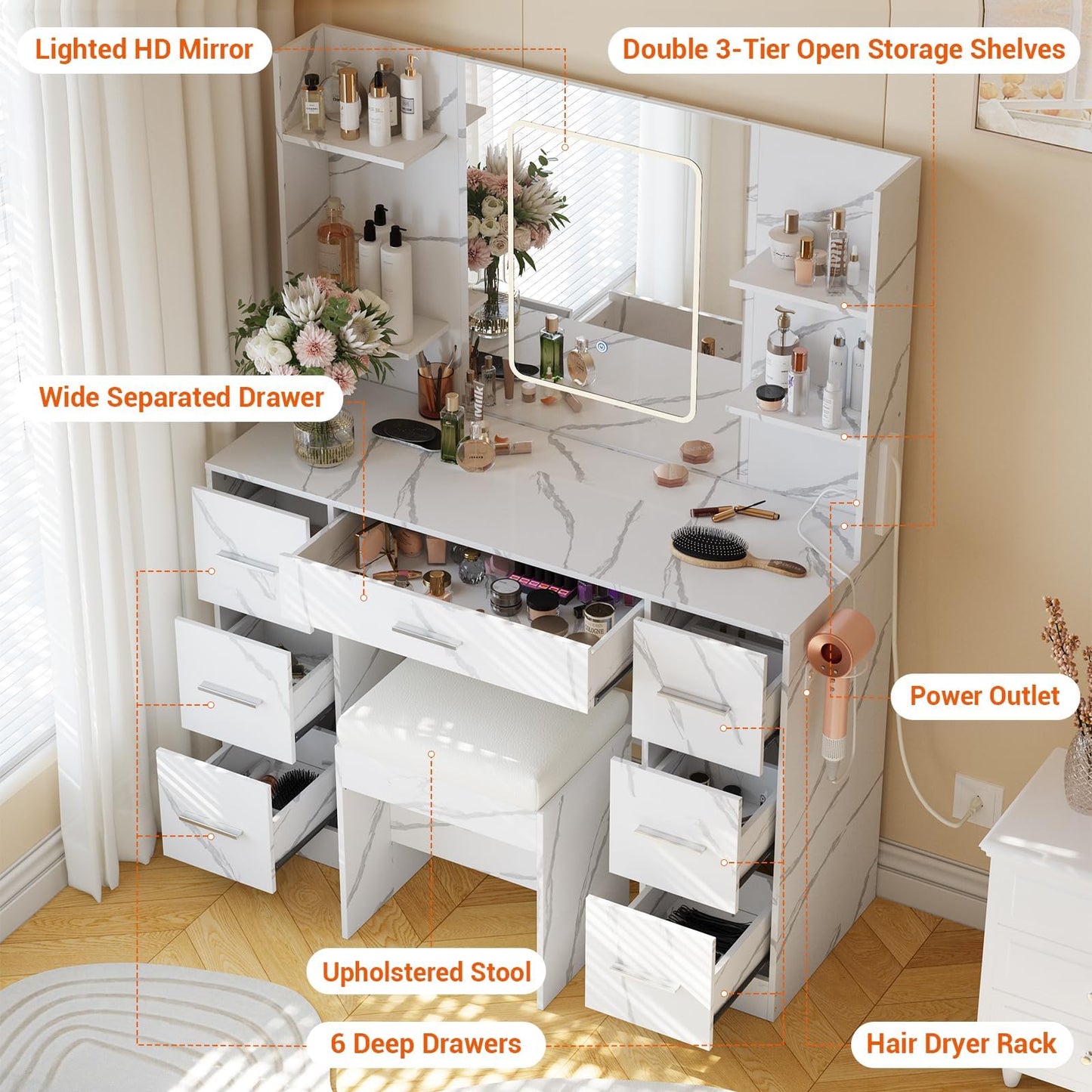 7-Drawer White Vanity Desk with Lighted Mirror & Dimmable LED Lights,Makeup Vanity Set with Power Outlets & USB Ports, 3 Color Lighting Modes, Cushioned Stool & Hair Dryer Holder, Dressing Table for