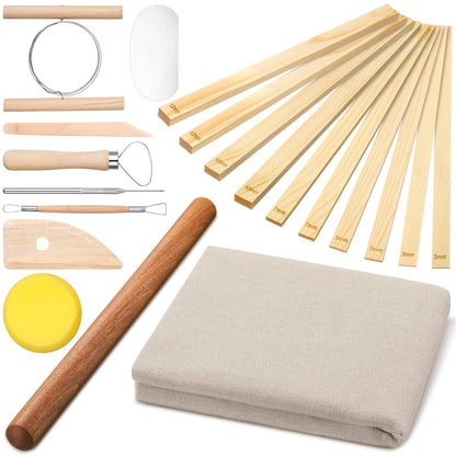 Baderke 20 Pcs Pottery Teaching Set, Includes 1 Wooden Rolling Pin, 10 Pottery Teaching Rolling Mud Stick Guide, 8 Clay Sculpting Tools, 1 Special Linen for Ceramic Clay Making
