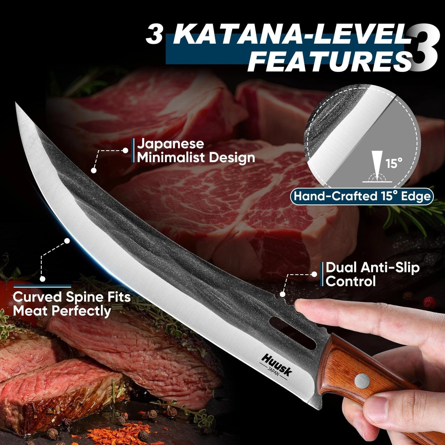 Huusk Hand Forged Carving Knife - Japanese Razor Sharp Butcher Knives for Meat Cutting, Curved Brisket Slicing Knife with Ergonomic Full Tang Handle, Gift for Men and Women