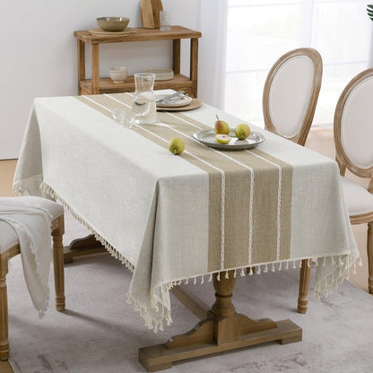 Softalker Outdoor Tablecloth Rectangle, Waterproof Linen Cotton Farmhouse Table Cloths with Tassel, Heavy Weight Wrinkle Free Boho Table Cover for Picnic Camping Dining - 55 x 84 Inch, Coffee Lines