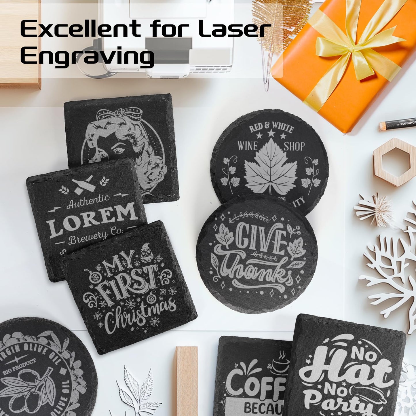 48 PCS Slate Coasters Bulk, MAPRIAL Laser Engraving Blanks Material for Engraver, 4 Inch 24 PCS Natural Square, 24 PCS Round Black Stone Coasters for Drinks, Gifts, Wedding Party, Decor, Christmas