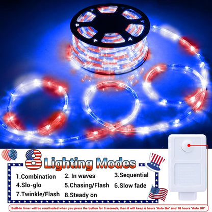 Skiennix 100ft LED Rope Lights - Waterproof, Connectable & Flexible Tube Lighting | 8 Modes, Red, White & Blue