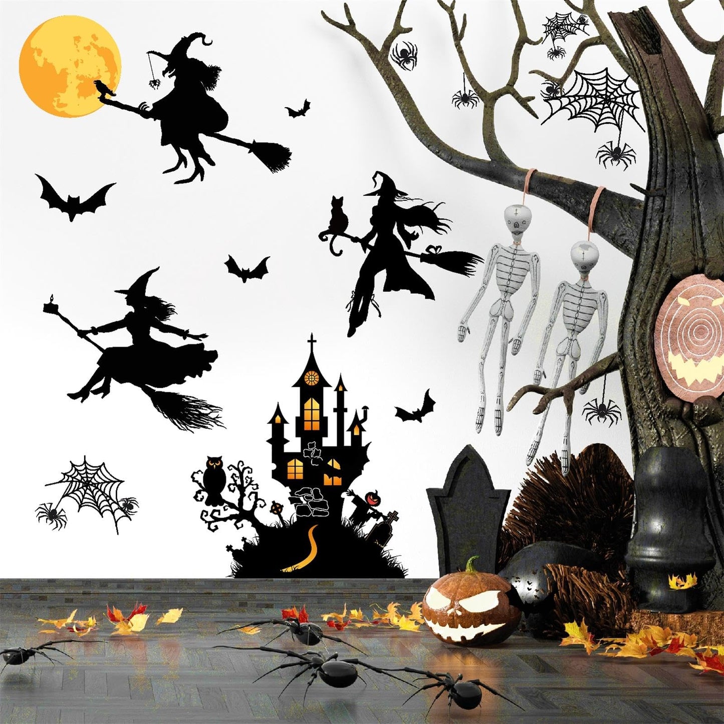 Halloween Decorations Decals Witches Wall Decor Black Bats Castle Stickers Halloween Wall Decal Peel and Stick Halloweens Party Supply Scary Spider Vinyl Sticker Art Murals for Home Window Door Decor