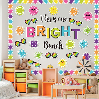 78 Pcs Summer Sun Bulletin Board Decoration Set This is One Bright Bunch Cut-Outs Tropical Sun Sunshine Sunglasses Paper Cutouts with 150 Pcs Glue Points for Hawaiian Party Classroom
