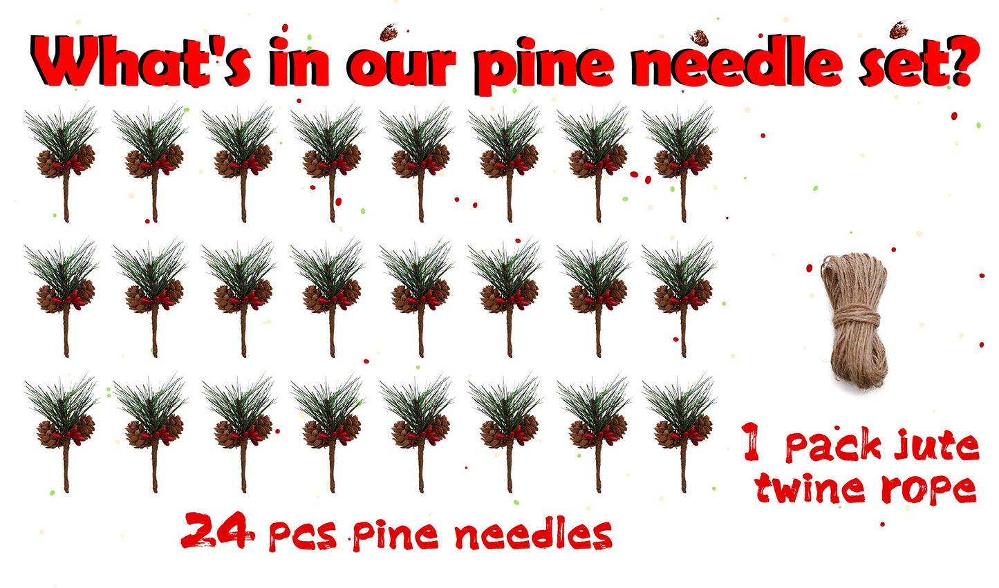 Geefuun 24Pieces Christmas Artificial Pine Needle/Pick Decorations 1 Pack Jute Twine Rope - Xmas Party Gift Wrapping Decor Wreaths Arrangement Tree Ornaments Wedding Supplies