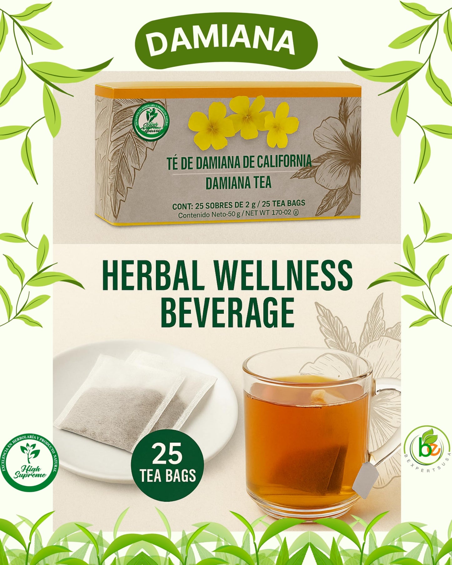 Damiana Herbal Tea – 100% Turnera diffusa – 25 Tea Bags – Natural Caffeine-Free Infusion – Traditional Herbal Beverage – Té de Damiana de California – Hecho en México